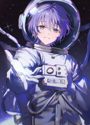  1boy absurdres beckoning blue_eyes cat_symbol chromatic_aberration commentary_request dot_nose hair_between_eyes hand_up helmet highres indie_utaite looking_at_viewer male_focus oo0teru0oo open_hand outdoors purple_hair reaching reaching_towards_viewer short_hair smile solo sou_(utaite) space space_helmet spacesuit sparkle star_(sky) utaite 
