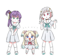  3girls blonde_hair blue_eyes blue_hair closed_mouth colored_inner_hair commentary_request double_v fang flower gradient_hair green_eyes hair_bun hair_flower hair_ornament height_difference love_live! love_live!_hasu_no_sora_jogakuin_school_idol_club moso_(expect66) multicolored_hair multiple_girls open_hands open_mouth osawa_rurino otomune_kozue pink_flower purple_hair red_eyes red_flower red_hair red_streaks short_hair side_ponytail sidelocks simple_background single_side_bun smile standing star_(symbol) star_hair_ornament streaked_hair tassel tassel_hair_ornament v virtual_youtuber white_background white_hair yugiri_tsuzuri 