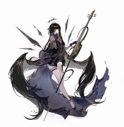  1girl absurdres arknights black_dress black_eyes black_gloves black_hair black_halo black_shoes blunt_bangs blunt_ends broken_halo cello chinese_commentary closed_mouth commentary_request detached_wings dress finger_to_cheek full_body gloves halo hand_up highres holding holding_instrument instrument long_hair looking_at_viewer mole mole_under_eye official_alternate_costume shoes simple_background smile solo standing standing_on_one_leg thigh_strap very_long_hair virtuosa_(arknights) virtuosa_(diversity_oneness)_(arknights) white_background wings yellow_pupils yi_gen_sanmingzhi 