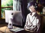  1boy absurdres akg apple_inc. blue_hair cable headphones highres imac kaito listening_to_music mosquito_coils short_hair sitting sleeping sleeping_upright solo tears vocaloid window 