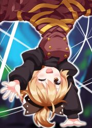  1girl :d ;d black_shirt blonde_hair blush bow brown_bow brown_dress brown_eyes commentary_request dress hair_bow handstand highres juliet_sleeves kurodani_yamame long_sleeves looking_at_viewer one_arm_handstand one_eye_closed pinafore_dress puffy_sleeves ruu_(tksymkw) shirt silk sleeveless sleeveless_dress smile solo spider_web touhou upside-down 
