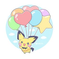  balloon blue_background blue_eyes clouds commentary_request floating highres no_humans pichu pokemon pokemon_(creature) pokemon_focus rio_(rio0v0o) smile solo twitter_username 