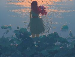  1girl absurdres back bird commentary_request dress flower from_behind hair_ornament highres lake long_hair lotus lotus_leaf original pink_hair reflection reflective_liquid scenery sleeveless solo standing summer two_side_up water youfengtian 