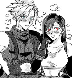  1boy 1girl armor bare_shoulders blue_eyes blush closed_mouth cloud_strife commentary_request couple crop_top detached_sleeves earrings final_fantasy final_fantasy_vii fingerless_gloves gloves heart height_difference hetero highres ht8207 jewelry long_hair looking_at_viewer open_mouth red_eyes ribbed_sweater short_hair shoulder_armor simple_background single_bare_shoulder skirt sleeveless sleeveless_turtleneck spiky_hair suspender_skirt suspenders sweater tank_top teardrop_earrings tifa_lockhart turtleneck turtleneck_sweater upper_body white_background white_tank_top 