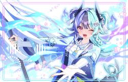  1girl achichi_mela aqua_hair blue_happi braid camisole commentary earrings hair_ornament happi highres hololive japanese_clothes jewelry lizard_tail long_hair looking_at_viewer multicolored_hair nail_polish one_eye_closed open_mouth pink_eyes purple_hair salamander_girl sharp_teeth solo split-color_hair tail tassel tassel_hair_ornament tatata_n3b7 teeth two_side_up untranslatable_commentary white_camisole 