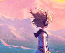  1girl blonde_hair chest_sarashi commentary_request earmuffs evening mountain neck_ribbon outdoors pointy_hair purple_ribbon purple_skirt ribbon sarashi shirt short_hair skirt sleeveless sleeveless_shirt solo suteruko touhou toyosatomimi_no_miko white_shirt 