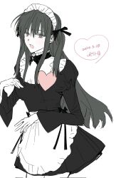  1boy alternate_costume apron black_ribbon blush breast_padding chinese_commentary collar commentary_request contact_lens cowboy_shot crossdressing crossdressing_(mtf) dated frilled_collar frills green_hair grey_eyes guangsiwang hair_ribbon hand_on_own_chest highres juliet_sleeves long_hair long_sleeves looking_at_viewer maid maid_apron maid_headdress mina_(mamiya) mole mole_under_eye open_mouth puffy_sleeves ribbon sekai_metsubou_kyouyuu_gensou_mamiya short_twintails sidelocks sketch solo toujou_minato trap twintails very_long_hair waist_apron white_background wig 