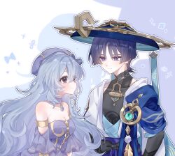  1boy 1girl absurdres anemo_symbol_(genshin_impact) aqua_gem armlet arms_at_sides artist_request bare_shoulders beret black_bow black_eyes blue_cape blue_gem blue_hat blue_jingasa blue_kimono blue_sleeves blunt_ends blush bow braid breasts bright_pupils brooch cape character_request choker choppy_bangs closed_mouth commission couple covered_collarbone detached_sleeves dress drop_shadow eyelashes eyeliner feathers furisode gem genshin_impact gold gold_armlet grey_hair hat heart height_difference hetero highres japanese_clothes jewelry jingasa juban kimono large_breasts layered_sleeves looking_at_another makeup mandarin_collar oc_x_canon open_clothes open_kimono original outline pom_pom_(clothes) purple_choker purple_dress purple_hat purple_rope purple_sash purple_sleeves red_eyeliner rope sash scaramouche_(genshin_impact) second-party_source short_sleeves shoulder_peek side_braid side_cape smile split_mouth star_(symbol) strapless strapless_dress tareme tsurime violet_eyes wanderer_(genshin_impact) white_kimono white_outline white_pupils white_sleeves white_trim wolf_cut yellow_feathers 