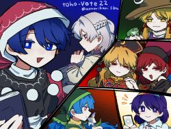  6+girls aonorikani3ba aqua_hair blonde_hair blue_eyes blue_hair book commentary doremy_sweet frog haniyasushin_keiki hecatia_lapislazuli highres holding holding_book junko_(touhou) kishin_sagume looking_at_viewer moriya_suwako multiple_girls purple_hair red_eyes red_hair tenkyuu_chimata touhou touhou_22nd_popularity_poll violet_eyes white_hair yellow_eyes 