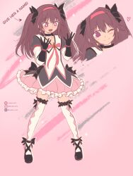 1girl akemi_homura akemi_homura_(magical_girl) black_gloves black_hair closed_mouth commentary discord_logo discord_username earrings english_commentary full_body fusion gloves highres instagram_logo instagram_username jewelry kaname_madoka kaname_madoka_(magical_girl) long_hair looking_at_viewer magical_girl mahou_shoujo_madoka_magica mahou_shoujo_madoka_magica_(anime) one_eye_closed open_mouth pen-pen_arts potara_earrings purple_eyes smile solo twintails twitter_username twitter_x_logo