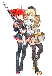 2girls absurdres baguette beret black_boots black_hat black_thighhighs blonde_hair boots bread commentary_request crossover detached_sleeves drill_hair food grey_boots grey_shirt grey_skirt gun hairstyle_connection hat highres holding holding_gun holding_weapon kasane_teto knee_boots magical_girl magical_musket_(madoka_magica) mahou_shoujo_madoka_magica mahou_shoujo_madoka_magica_(anime) mp777b multiple_girls red_hair shirt shotgun simple_background skirt thighhighs tomoe_mami tomoe_mami_(magical_girl) twin_drills utau weapon white_background