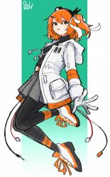  a.i._voice absurdres adachi_rei black_pantyhose black_sweater commentary_request drawstring full_body gloves grey_skirt highres jacket ma_rio orange_eyes orange_hair pantyhose shoes side_ponytail skirt sneakers sweater white_gloves white_jacket 