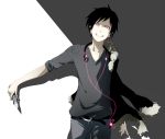  belt black_buraku black_hair digital_media_player durarara!! earrings evil_smile fur_trim glowing glowing_eyes grin headphones headphones_around_neck highres jacket jacket_on_shoulders jeans jewelry knife male ogipote orihara_izaya pink_eyes short_hair simple_background sleeves_rolled_up smile solo switchblade 