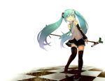  aqua_eyes aqua_hair checkered checkered_floor detached_sleeves hatsune_miku long_hair maitake_(loose) microphone microphone_stand necktie simple_background skirt solo spring_onion thigh-highs thighhighs twintails very_long_hair vocaloid 