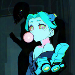  2girls chewing_gum colored_sclera commentary cyberpunk:_edgerunners cyberpunk:_edgerunners_1 cyberpunk_(series) cyborg english_commentary green_eyes green_hair height_difference jacket jacket_on_shoulders kiwi_(cyberpunk) looking_at_viewer mechanical_eyes mechanical_hands middle_finger multiple_girls neck_tattoo pink_tattoo rebecca_(cyberpunk) red_pupils red_sclera sawasa shade short_hair short_twintails tattoo twintails 