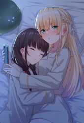  2girls asakura_karen_(heaven_burns_red) black_hair blonde_hair blue_eyes braid cellphone closed_eyes commentary cuddling cveralinooo dress hair_ribbon half_up_braid hand_on_another's_waist heaven_burns_red highres holding holding_phone multiple_girls parted_lips phone pillow ribbon sleeping smartphone tojo_tsukasa twintails white_dress white_ribbon yuri 