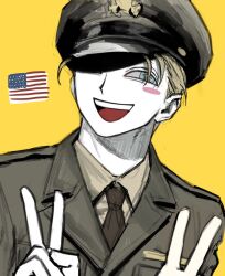  1boy american_flag blonde_hair blue_hair brown_necktie collared_shirt commentary hat highres jacket looking_at_viewer male_focus military_jacket military_uniform necktie original personification shirt solo star_(symbol) star_in_eye symbol_in_eye teeth untranslatable_commentary upper_teeth_only v yoi7878 
