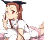 \m/ barefoot blush bow brown_eyes brown_hair face feet finger_to_mouth foreshortening hair_bow hairband hands idolmaster long_hair lying minase_iori no_pants on_stomach panties simple_background soles solo striped striped_panties stuffed_animal stuffed_bunny stuffed_rabbit stuffed_toy ttomm turtleneck underwear 