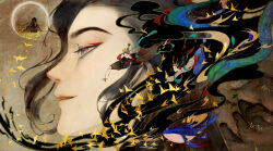  1boy 2girls architecture arena_of_valor avcg3542 bird chinese_clothes clouds colorful commentary_request contrail crown dark_cloud east_asian_architecture eyeliner flock flying gold_background gold_crown gold_trim hanfu highres honor_of_kings li_bai_(honor_of_kings) light_smile makeup moon mountain multiple_girls red_eyeliner sash tree whale zhuangzi_(honor_of_kings) 