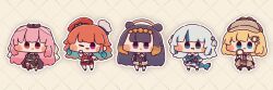  5girls ameya_(kappadoll) beret black_dress blonde_hair blue_eyes blue_hoodie blue_streaks blunt_bangs blush_stickers brown_hat brown_skirt chibi chibi_only closed_mouth colored_inner_hair commentary double-parted_bangs dress fins fish_tail full_body gawr_gura gawr_gura_(1st_costume) green_hair grey_background grid_background hair_ornament halo hand_up hat highres holding holding_magnifying_glass hololive hololive_english holomyth hood hoodie long_hair looking_at_viewer magnifying_glass mori_calliope mori_calliope_(1st_costume) multicolored_hair multiple_girls ninomae_ina'nis ninomae_ina'nis_(1st_costume) open_mouth orange_hair outline pink_eyes pink_hair purple_hair red_eyes red_hat shark_hair_ornament shark_tail short_hair sidelocks skirt standing streaked_hair tail takanashi_kiara takanashi_kiara_(1st_costume) two-tone_hair two_side_up very_long_hair violet_eyes virtual_youtuber watson_amelia watson_amelia_(1st_costume) white_outline yellow_halo 