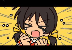  >_< 1girl black_hair clenched_hands closed_eyes commentary_request emphasis_lines japanese_clothes kaai_yuki kimono low_twintails medium_hair open_mouth red_kimono shogi_ichiban!_(vocaloid) short_twintails solo tearing_up twintails upper_body user_mgyh5752 v-shaped_eyebrows vocaloid yellow_background 