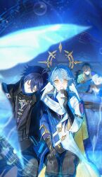  1girl 4boys absurdres antenna_hair artist_name beamed_eighth_notes black_capelet black_coat black_gloves black_pants blue_coat blue_hair blurry blurry_background blurry_foreground blush bubble capelet closed_eyes closed_mouth coat collared_capelet commentary crossed_bangs crying crying_with_eyes_open earrings eighth_note english_commentary feathered_wings flins_(genshin_impact) gem genshin_impact gloves gold_earrings grey_hair grey_pants hair_between_eyes hair_intakes half_note halo halo_behind_head hand_up head_wings highres holding holding_tissue honkai:_star_rail honkai_(series) jewelry long_hair long_sleeves male_focus medium_hair mihoyo mitya_(genshin_impact) moonya multicolored_coat multiple_boys musical_note musical_staff pants purple_gem purple_shirt quarter_note shirt signature sitting sleeping sleeping_upright sleeve_cuffs sunday_(honkai:_star_rail) tears tissue turtleneck turtleneck_shirt two-tone_coat valeriy_(genshin_impact) vodyanitsa_(genshin_impact) vodyanitsa_(water_imp)_(genshin_impact) white_coat white_wings wings yellow_eyes 