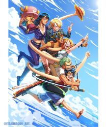  2girls 5boys ^_^ arm_up arms_up black_hair black_suit blonde_hair blue_shorts border camisole closed_eyes clouds commentary_request cropped_jacket green_pants hat highres holding holding_sword holding_unworn_clothes holding_unworn_hat holding_weapon itsadragon_art jacket long_nose looking_ahead midriff monkey_d._luffy multiple_boys multiple_girls nami_(one_piece) navel nico_robin one_piece orange_hair overalls pants pink_hat purple_jacket purple_pants roronoa_zoro sanji_(one_piece) shirt short_hair shorts smile spanish_commentary straw_hat_pirates suit sword tony_tony_chopper twitter_username unworn_hat unworn_headwear usopp weapon white_border white_shirt 