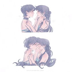  2girls after_sex backless_dress backless_outfit blush dress hand_on_another's_cheek hand_on_another's_face highres kiss long_hair maybe_kizuna multiple_girls original short_hair yuri 