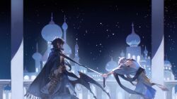  2boys absurdres alchemy_stars arabian_clothes black_cape black_hair black_pants black_tail bracelet cape chinese_commentary clothes_grab commentary_request detached_sleeves dragon_tail dragon_wings fringe_trim grabbing_another's_cape grey_hair harem_outfit harem_pants highres jewelry middle_eastern_architecture multiple_boys navigator_(alchemy_stars) night pants pointy_ears santongjiu sash shawl shirt short_hair sky sleeveless sleeveless_shirt star_(sky) starry_sky tail vic_(alchemy_stars) white_shirt wings 