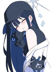  +++ 1girl absurdres armband bare_shoulders baseball_cap black_armband black_hair black_mask blue_archive blue_hair blue_halo blush breasts coat colored_inner_hair commentary_request facing_viewer fukunao gloves halo hat highres long_hair mask medium_breasts mouth_mask multicolored_hair parted_lips saori_(blue_archive) simple_background sleeveless smile solo white_background white_coat 