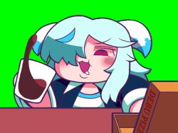  1girl animated animated_gif blue_hair blue_shirt blush cola commentary_request cup doubliel drinking eating food green_background holding holding_cup horns long_hair looping_animation mahjong_fight_girl open_mouth pizza pizza_slice red_eyes shirt simple_background smile solo table tonchamon_san upper_body white_horns 