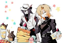  0nlymyb1d 1boy 1girl ashveil_(honkai:_star_rail) black_hair bowl bright_pupils brown_hair buckle cake cake_slice chopsticks closed_eyes commentary_request double-parted_bangs earrings eating fedora food gloves gradient_hair hair_between_eyes hat highres holding honkai:_star_rail honkai_(series) jacket jewelry korean_commentary kuchiba_(honkai:_star_rail) lapel_pin long_hair milkshake muffin multicolored_eyes multicolored_hair necklace noodles open_mouth pancake pancake_stack ramen ring single_earring turtleneck two-tone_eyes white_background 