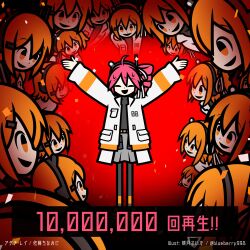  6+girls a.i._voice adachi_rei adachi_rei_(cosplay) adachi_rei_(utau) ahoge arms_up artist_name black_mouth black_pantyhose black_shirt black_sweater clone coat commentary confetti cosplay creator_name drill_hair facing_viewer flat_color grey_skirt hair_ribbon headlamp headphones highres kasane_teto lab_coat looking_at_another milestone_celebration miniskirt mochitsuki_suika multiple_girls nervous_smile nervous_sweating official_artist_extra open_mouth outstretched_arms pantyhose radio_antenna red_hair ribbon shirt short_hair side_drill skirt smile song_name standing straight-on surrounded sweat sweater thick_lineart turtleneck turtleneck_sweater twitter_username utau white_coat white_ribbon 