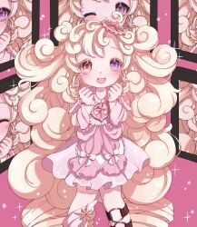  1girl blonde_hair commentary_request curly_hair dress drill_hair earrings frilled_dress frills hair_ornament heterochromia highres jewelry long_hair looking_at_viewer magical_girl mahou_shoujo_ikusei_keikaku mahou_shoujo_ikusei_keikaku_aces multiple_expressions one_eye_closed open_mouth puk_puck qoo_1025 sparkle star_(symbol) star_earrings star_hair_ornament star_ornament twin_drills very_long_hair 