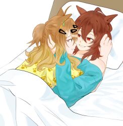  2girls agnes_tachyon_(umamusume) animal_ears blue_shirt brown_hair commentary_request cuddling eye_contact hair_ornament hairclip highres horse_ears horse_girl hug jungle_pocket_(umamusume) looking_at_another multiple_girls parted_lips paw_print paw_print_pattern pillow red_eyes shirt smile umamusume under_covers yellow_shirt yuli_97797 yuri 