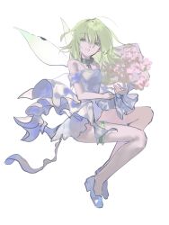  1girl absurdres ahoge alternate_costume bare_legs bare_shoulders black_souls black_souls_2 bouquet breasts chinese_commentary collar colored_eyelashes commentary_request dress fairy fairy_wings floating_clothes floating_hair frilled_dress frilled_thigh_strap frills full_body green_eyes green_hair green_wings grin highres holding holding_bouquet invisible_chair leaf_(black_souls) leotard looking_at_viewer medium_hair metal_collar nami_oto nontraditional_wedding_dress off_shoulder ribbon shoes short_sleeves sitting small_breasts smile solo thigh_strap wedding_dress white_background white_leotard white_ribbon white_shoes wings 