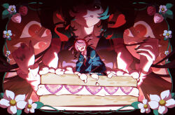  2girls :p absurdres ahoge aqua_hair black_hair black_jacket black_pants black_sailor_collar cake collared_shirt commentary contrast_collar cream drill_hair eating eye_background floral_border flower food fork fruit han_bun_ko_(vocaloid) hatsune_miku heart heart_in_eye highres holding holding_fork imminent_cannibalism imminent_eating jacket juliet_sleeves kasane_teto long_sleeves multicolored_hair multiple_girls on_food pants partially_shaded_face puffy_sleeves red_eyes red_hair red_nails sailor_collar scared shade shirt short_hair size_difference strawberry strawberry_blossoms strawberry_plant strawberry_shortcake sweat symbol_in_eye synthesizer_v tongue tongue_out track_jacket track_pants track_suit twin_drills twintails two-tone_hair utau vocaloid white_shirt yuri zxl_xingxing 