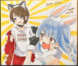 2girls absurdres animal_ear_fluff animal_ears black_hairband blue_eyes blue_hair braid brown_hair cat_ears clothes_writing commentary_request dated detached_sleeves don-chan_(usada_pekora) fake_animal_ears free_hugs hairband highres hololive jacket kiritoma long_hair long_sleeves multicolored_hair multiple_girls oozora_subaru pants photo_(medium) puffy_long_sleeves puffy_short_sleeves puffy_sleeves rabbit_ears red_eyes red_jacket red_pants shikishi shirt short_sleeves track_jacket track_pants track_suit traditional_media twin_braids twintails two-tone_hair undressing usada_pekora v-shaped_eyebrows virtual_youtuber white_hair white_shirt white_sleeves