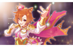  1girl animal_ears armor blush breasts cape commentary_request crown fingerless_gloves gloves gold_corset hair_between_eyes hey_cre highres horse_ears horse_girl jewelry long_sleeves looking_at_viewer medium_breasts mini_crown multiple_rings open_mouth orange_hair pink_cape pink_crown ring shirt short_hair shoulder_armor single_fingerless_glove skirt smile solo t.m._opera_o_(o_sole_suo!)_(umamusume) t.m._opera_o_(umamusume) two-tone_skirt umamusume violet_eyes white_shirt 