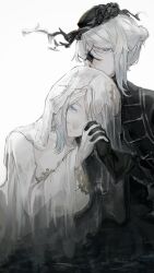  2girls black_coat black_gloves black_hat blue_eyes coat dress dual_persona e.g.o_(project_moon) everlasting_(e.g.o) faust_(project_moon) gear_hair_ornament gloves hair_bun hair_ornament harume_neko hat highres holding_hands hollow_(e.g.o) limbus_company multiple_girls project_moon short_hair sidelocks simple_background upper_body veil white_background white_dress white_hair white_veil 