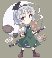  1girl black_bow black_bowtie black_hairband black_socks blue_eyes bow bowl bowtie brown_shoes chibi chibi_only closed_mouth collared_shirt commentary_request cooking_pot cutting_board dango deformed dual_wielding food full_body green_skirt green_vest grey_hair hairband hitodama holding holding_sword holding_weapon ichidai_taisa katana kitchen_knife knife konpaku_youmu konpaku_youmu_(ghost) ladle loafers looking_at_viewer miso_soup multiple_swords petticoat sanshoku_dango sheath sheathed shirt shoes short_hair short_sleeves simple_background skirt skirt_set slip_showing socks solo sword touhou vest wagashi weapon white_shirt 
