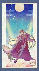  1girl blonde_hair brown_eyes cho_kaguya-hime! commentary_request crescent_moon egasumi full_body full_moon highres inudoge japanese_clothes kaguya_(cho_kaguya-hime!) kaguya_(reply)_(cho_kaguya-hime!) kaguya_(tsukuyomi)_(cho_kaguya-hime!) karaginu_mo long_hair long_sleeves moon open_mouth solo wide_sleeves wss_(nicoseiga19993411) 