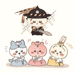  4others cat chibikemo chiikawa chiikawa_(character) commentary_request dress frifri1213 full_body furry hachiware_(chiikawa) highres korean_clothes korean_commentary multiple_others otter rabbit rakko_(chiikawa) simple_background sparkle sparkling_aura sword usagi_(chiikawa) weapon yellow_background 