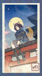  1girl animal_ears blue_boots blue_hair blue_hoodie blue_kimono boots braid cho_kaguya-hime! commentary fang fox_ears fox_girl fox_tail green_eyes grey_thighhighs hood hood_down hoodie japanese_clothes kimono nail_polish open_mouth purple_hair sakayori_iroha sakayori_iroha_(tsukuyomi) single_braid sitting solo tail thigh-highs torii wss_(nicoseiga19993411) 