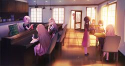  6+girls ahoge aika_granzchesta angel angel_wings aria_(manga) black_dress black_hair black_shoes blonde_hair blue_eyes bob_cut bow braid brown_hair cafe can chair closed_eyes commentary counter cross_hair_ornament crossover dated dated_commentary day dress eiyuu_densetsu elaine_auclair energy_drink flower flowingcrescent from_behind full_body grey_hair haibane_renmei hair_flower hair_ornament half_up_braid halo highres indoors kagari_(rewrite) kanbe_kotori kazamatsuri_institute_high_school_uniform key_coffee_(meme) kuonji_alice kuro_no_kiseki_(series) kuro_no_kiseki_i long_hair long_ribbon long_sleeves looking_at_another mahou_tsukai_no_yoru medium_hair meme memories_off memories_off_2nd minami_tsubame multiple_crossover multiple_girls on_chair peeking_out pink_dress puffy_short_sleeves puffy_sleeves rakka_(haibane_renmei) red_bow red_ribbon rewrite ribbon school_uniform senri_akane shoes short_hair_with_long_locks short_sleeves sidelighting signature sitting standing sunlight upper_body very_long_hair waitress white_flower wide_sleeves window window_shadow wings wooden_floor wrist_bow 