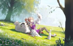  absurdres animal ardelia_(arknights) arknights arknights:_endfield armpits black_thighhighs boots brown_hair center-flap_bangs cryne dress eyjafjalla_(arknights) field flower flower_field from_side full_body goat goat_horns grass highres holding holding_animal horns looking_at_animal on_ground open_mouth outdoors ponytail purple_dress rabbit red_eyes shadow sheep sheep_horns sleeveless sleeveless_dress sunlight thigh-highs tree white_boots wide_shot 