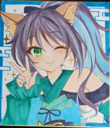  1girl ;) absurdres animal_ear_fluff animal_ears bare_shoulders black_bow black_hair blue_hair bow cho_kaguya-hime! closed_mouth commentary_request detached_sleeves egasumi green_eyes green_nails green_sleeves hair_bow hand_up highres long_hair long_sleeves multicolored_hair navel one_eye_closed photo_(medium) ponytail puffy_long_sleeves puffy_sleeves sakayori_iroha shikishi sleeves_past_wrists smile solo sparkle terimuku traditional_media two-tone_hair 