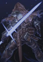  1other armor axe belt_pouch cloak energy_sword facing_away highres holding holding_sword holding_weapon hood hood_up hooded_cloak nameno92372763 original pants pouch reverse_grip sheath shoulder_armor solo sword torn_cloak torn_clothes weapon 