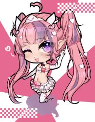  1girl absurdres ahoge chibi demon_girl demon_horns elbow_gloves fingerless_gloves gloves hair_ornament heart heart_ahoge heart_hair_ornament highres horns ironmouse ironmouse_(race_queen) long_hair looking_at_viewer megane_(onafiel) multicolored_hair one_eye_closed open_mouth pink_hair pointy_ears purple_hair racequeen skirt solo strapless streaked_hair thigh-highs tube_top twintails violet_eyes virtual_youtuber vshojo white_gloves white_horns white_skirt white_thighhighs white_tube_top 