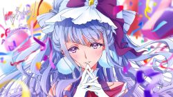  1girl balloon blurry blurry_background bow bow-shaped_hair chan_satsu_(sacchan_db417) character_name commentary_request confetti cure_amour earrings frilled_bow frills gloves grin hair_bow hand_to_own_mouth happy_birthday highres hugtto!_precure interlocked_fingers jewelry long_hair long_sidelocks looking_at_viewer magical_girl pom_pom_(clothes) pom_pom_earrings portrait precure purple_bow purple_hair ruru_amour sidelocks smile solo violet_eyes white_gloves 